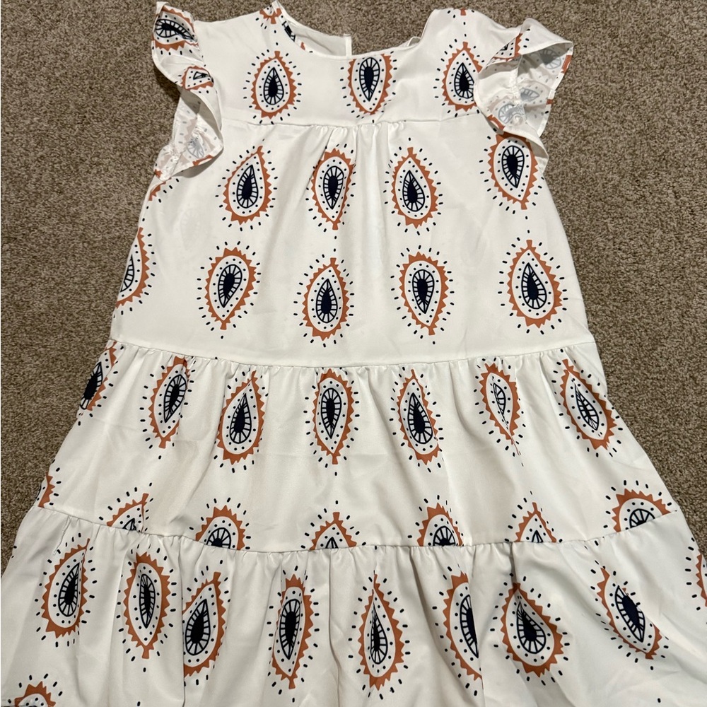 SHEIN White Tiered Mini Dress with Navy & Rust Paisley Motif